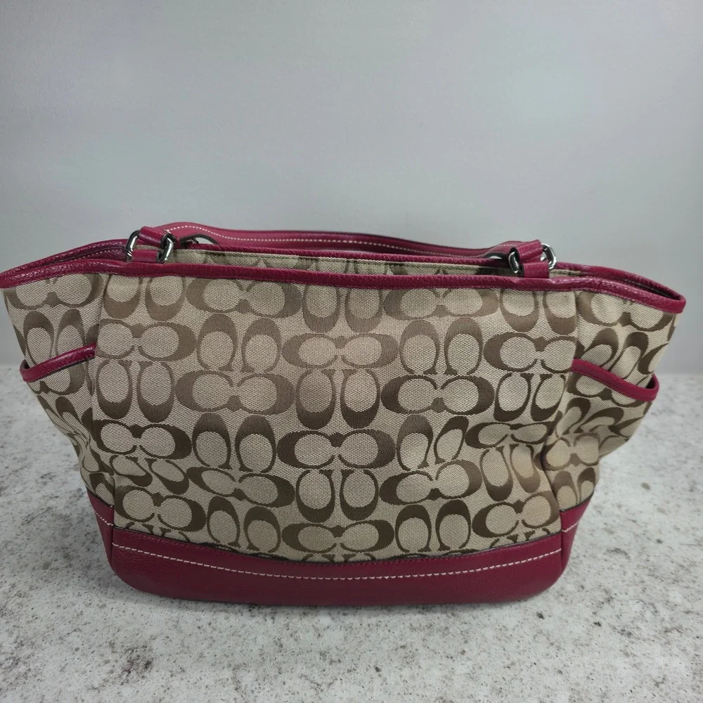 Coach Taylor Signature Tote Khaki Magenta Pink Leather Trim F23297 Bag